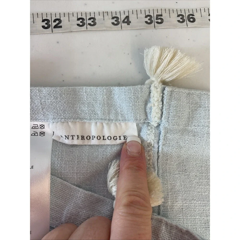 Anthropologie Light blue striped tasseled Shower Curtain‎  Airy neutral